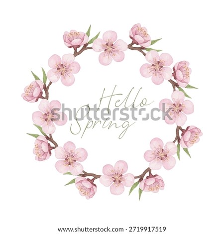 Hello spring banner.Pink apple flowers circle frame. Greeting to spring vector card, hello text. Sakura pink rosy gradient abstract flowers pastel vector design.