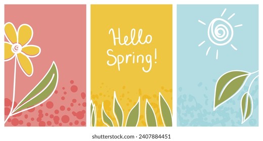 Hello spring banners collection. Background with color leaves, flowers. Nature concept design. Modern floral compositions in trendy flat simple style. Vector illustration for poster, greeting card.