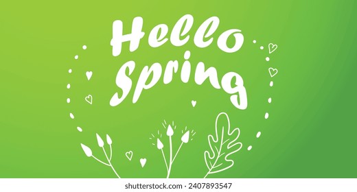 Hello spring banners collection. Background with color leaves, flowers. Nature concept design. Modern floral compositions in trendy flat simple style. Vector illustration for poster, greeting card.