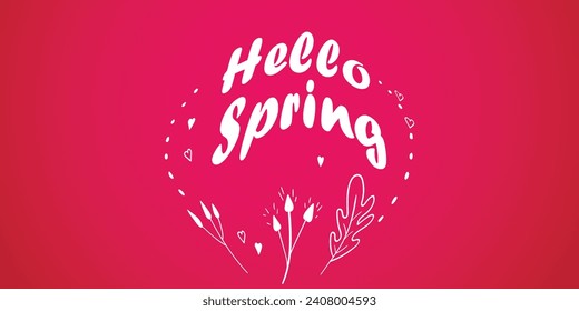Hello spring banners collection. Background with color leaves, flowers. Nature concept design. Modern floral compositions in trendy flat simple style. Vector illustration for poster, greeting card.