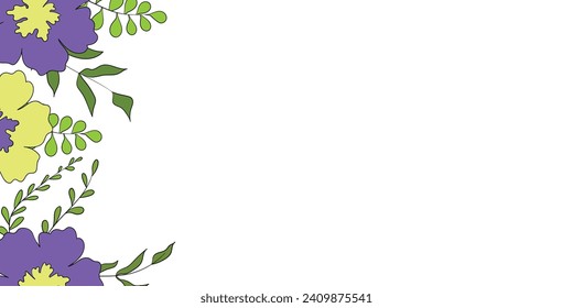 Hello spring banners collection. Background with color leaves, flowers. Nature concept design. Modern floral compositions in trendy flat simple style. Vector illustration for poster, greeting card.