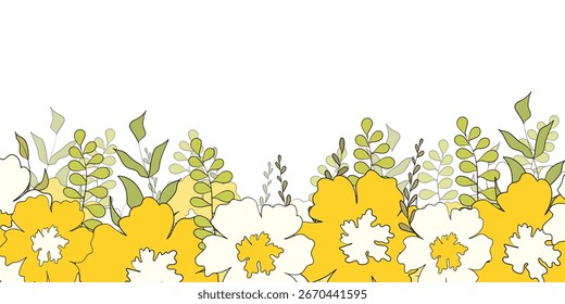 Hola colección de Anuncios de primavera. Fondo con hojas de color, flores. Diseño de concepto de Naturaleza. Composiciones florales modernas en estilo plano simple de moda. Ilustración vectorial para el cartel, tarjeta de felicitación.