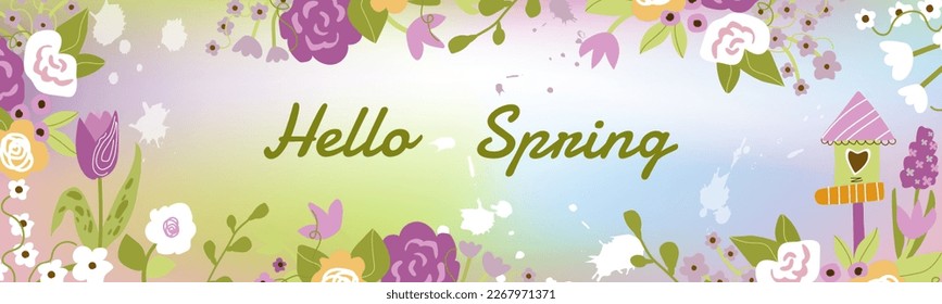 Hello spring banner.Spring time colorful wallpaper with flowers.Spring vector Lettering text. Vector illustration