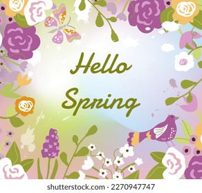 Hello spring banner.Spring time colorful wallpaper with flowers.Spring vector Lettering text. Vector illustration