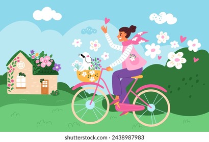 Hola primavera. Hermosa chica montando bicicleta. Naturaleza floreciente y buen tiempo. Perro en la cesta de la bicicleta. Cambio de estación. Lindo hogar. Mujer ciclista feliz. Parque de verano. chillón