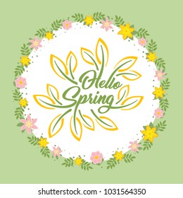Hello Spring beautiful greeting card with flowers on a white background and stylized inscription. Spring template for your design, cards, invitations, posters.