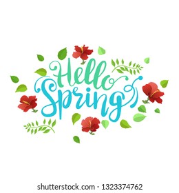 hello spring with beautiful leaves and flowers