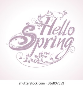 Hello Spring. Beautiful vector card with labels with curly branches and spring leaves.