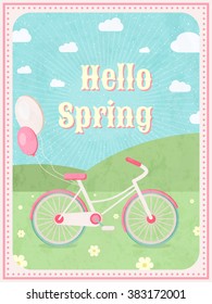 Hello spring. Bicycle with balloons. Vector illustration