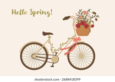 Olá Bicicleta primavera Com Cesta De Flores E Florais Floração Ilustração Vetor Em Cores Pastel