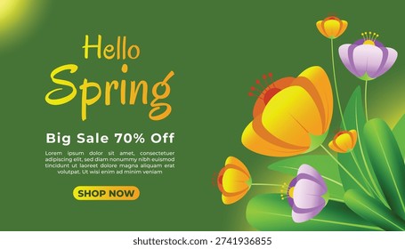 Hello Spring Big Sale Banner with Vibrant Floral Illustration