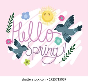 hello spring birds dlowers branch decoration nature card vector illustration