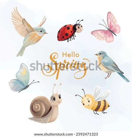 Hello spring with birds, insects, butterfly, snail, bee, and ladybug in a vibrant nature scene