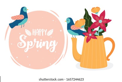 hello spring birds and teapot with flowers ornament vector illustration