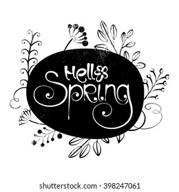 Hello spring black ink lettering. Watercolor vector background. Card template
