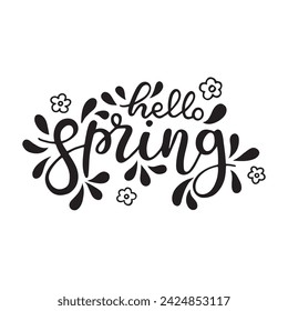 Hello Spring black linear hand draw lettering. Design for holiday greeting card and invitation.