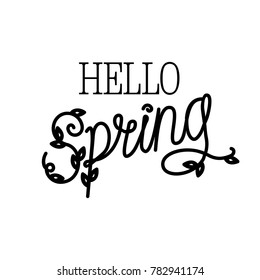 Hello spring black and white handwritten word with leaves on letters. Isolated on white background line art style illustration.