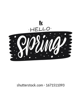 Hallo Frühling. Handgezeichnete Motivationsschrift. Schwarze Tinte. Vektorillustration. Einzeln auf weißem Hintergrund. Design für Banner, Poster, Karte und Web.
