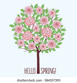 Hello spring. Blooming tree with hand drawn pink flowers. Elements for your design. Vector illustration.