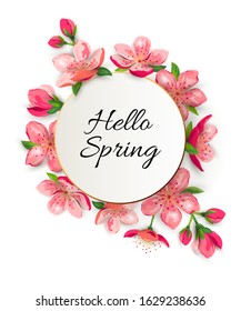 Hello Spring with blossom sakura, cherry flowers. Place for text. Great for spring sale, oriental invite, flyer, beauty offer, wedding, bridal shower, poster, baby shower, Mother and Woman day.
