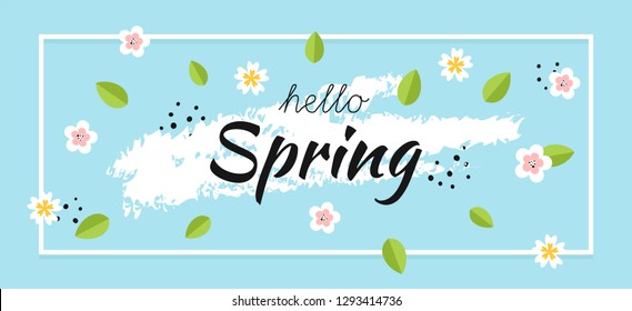 Hello spring. Blue banner with a border, brush stroke, green spring leaves and flowers. Vector