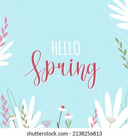Hello spring. Blue banner with white and pink flowers and twigs. Flat isolated flowers and plants.