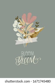 Hello Spring. Botanical set with hand drawn garden elements, borders, flowers, leaf, romantic lettering. Good template for web, card, poster, sticker, banner, invitation, wedding. Vector illustration