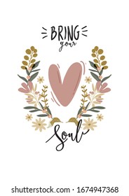 Hello Spring. Botanical set with hand drawn garden elements, borders, flowers, leaf, romantic lettering. Good template for web, card, poster, sticker, banner, invitation, wedding. Vector illustration