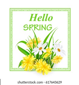Hello spring, bouquet of chamomiles in a decorative frame