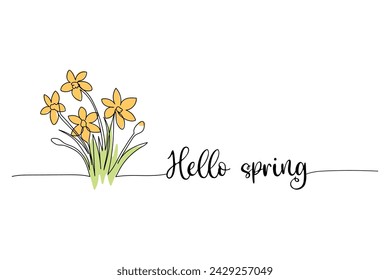 Hello spring, bouquet of daffodil line art drawing, One continuous line drawing and text. for postcard design