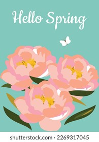 Hallo Frühling. Bouquet mit Frühlingsblumen von zarten rosafarbenen Pfingstrosen auf hellblauem, vertikalem Hintergrund. Festlicher März-Postkarte. Vektorgrafik.