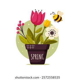 Hello spring. Bouquet of spring flowers in a pot on white background. Greeting card. Vector illustration.