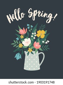 Hello Spring. Bouquet of flowers. Tulips buds, narcissus, lilac bunch with vases, jugs and glass bottles with water. Spring flowers, plants for decoration, blooming herbs isolated on background.