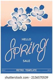 Hello Spring. Bouquet of lilac flowers in a retro style. Graphics with stipplism effect. Vector poster template