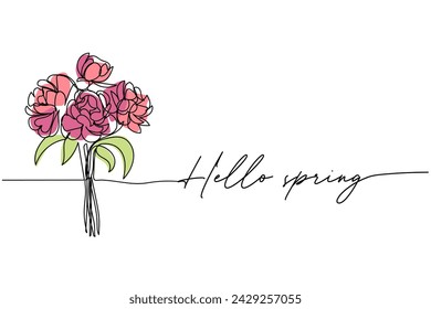 Hola primavera, ramo de peonías dibujo de arte de línea, Una línea continua dibujo y texto. para diseño de postal