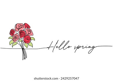 Hello spring, bouquet of roses line art drawing, One continuous line drawing. for postcard design