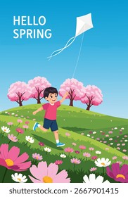 Olá Spring Boy Correndo com Pipa no Campo de Flor