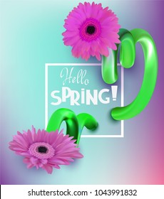 Hello spring bright banner with pink gerberas on the intricate long stems. Vector illustration