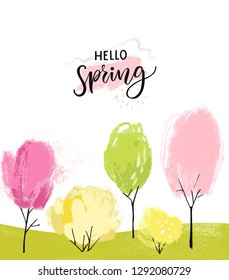 Hello spring with brush lettering. Illustration of various colors trees and bushes. Pink cherry blossom, green and yellow plants.