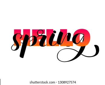 Hello spring brush lettering. Overlapping Text Layout. Vector illustration for banner or poster