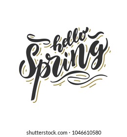 Hello Spring. Brush pen hand written lettering. Stock vector