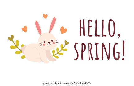 Hello spring! Bunny with spring flowers. Cute vector illustration for spring design. Flat style vector illustration