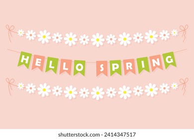 Hola guirnaldas de manantial de primavera, colgantes rosas y verdes con letras blancas, banner con letras de fiesta con flores de margarita blanca, decoración vectorial