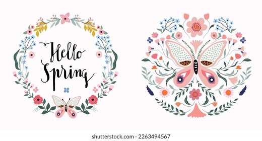 Hello Spring butterfly set with greeting cards for different celebration, floral wreath, seasonal elements, flowers and plants, vector design