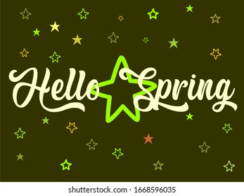 Hello Spring calligraphic text on vector decorative background