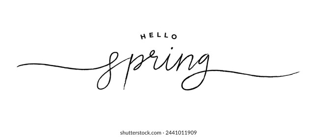 Hello spring calligraphy and brush pen lettering. Hand drawn holiday ink illustration. Isolated on white. Design for greeting card text, invitation, poster. Modern style typography background.