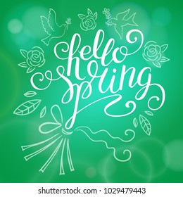 Hello spring calligraphy. Handwritten lettering on blur background isolated, modern brush pen lettering.