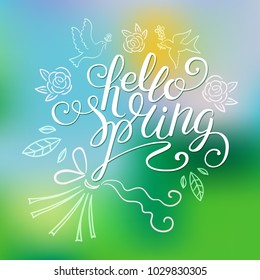 Hello spring calligraphy. Handwritten lettering on blur background isolated, modern brush pen lettering.