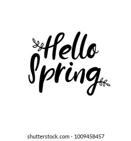 Hello Spring calligraphy inscription. Spring greeting card, postcard, card, invitation, banner template with floral frame. Brush calligraphy. Spring hand lettering typography.