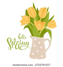 Hello spring calligraphy lettering. Bouquet of yellow tulips in tin watering can. Bouquet spring flowers in vase. Flat vector illustration for spring greeting card, poster, social media post
